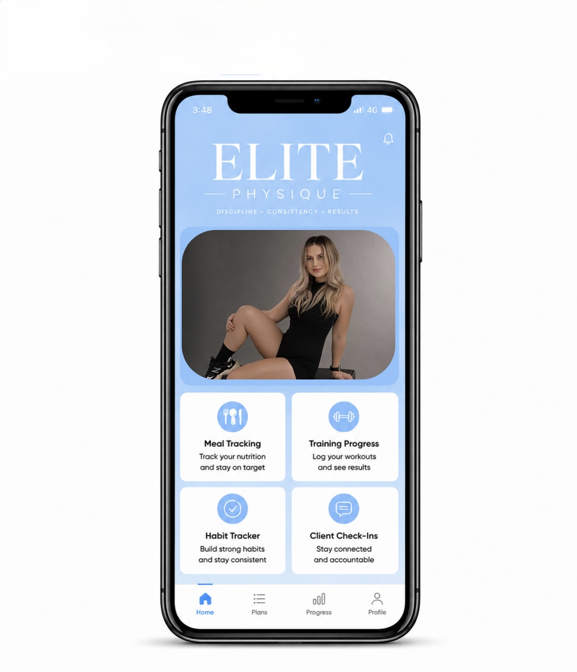 Elite Physiques coaching app with meal tracking, training progress, habit tracking and client check ins